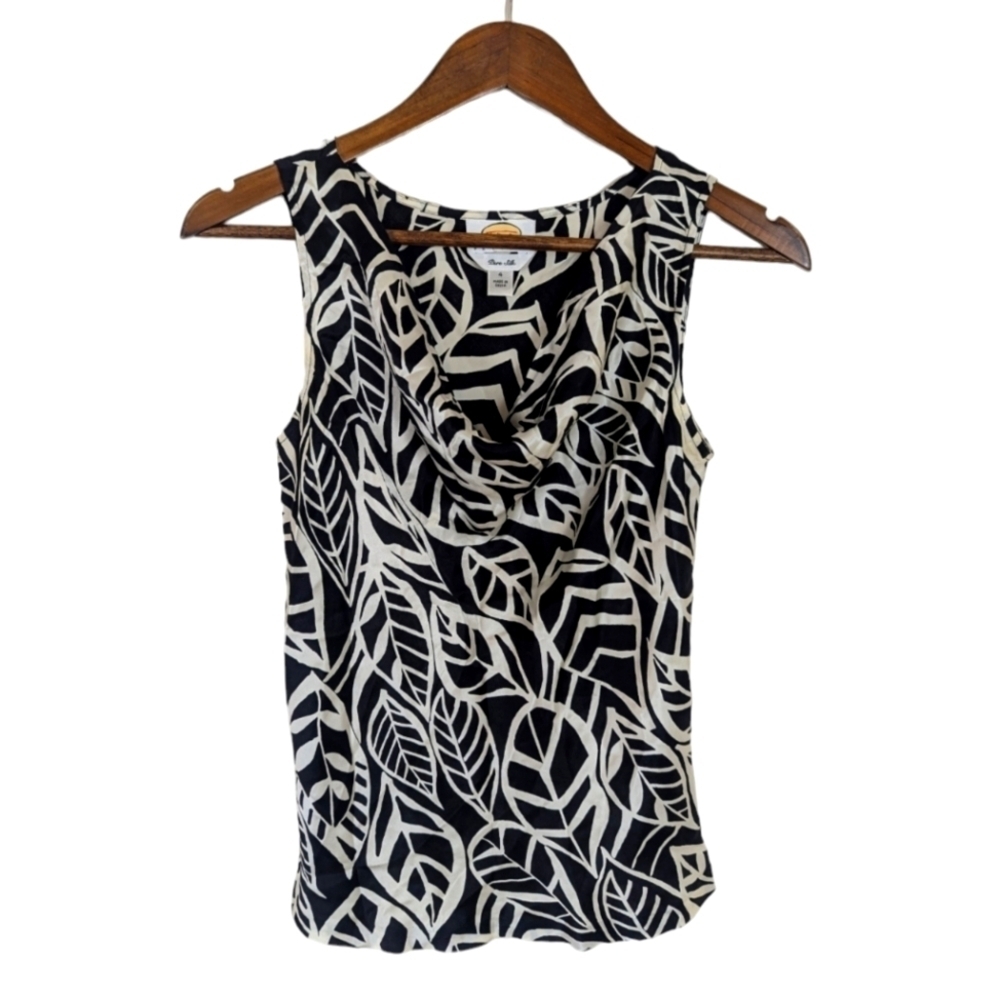 VINTAGE Talbot's Pure Silk Black & White Print Cowl Neck Tank Top